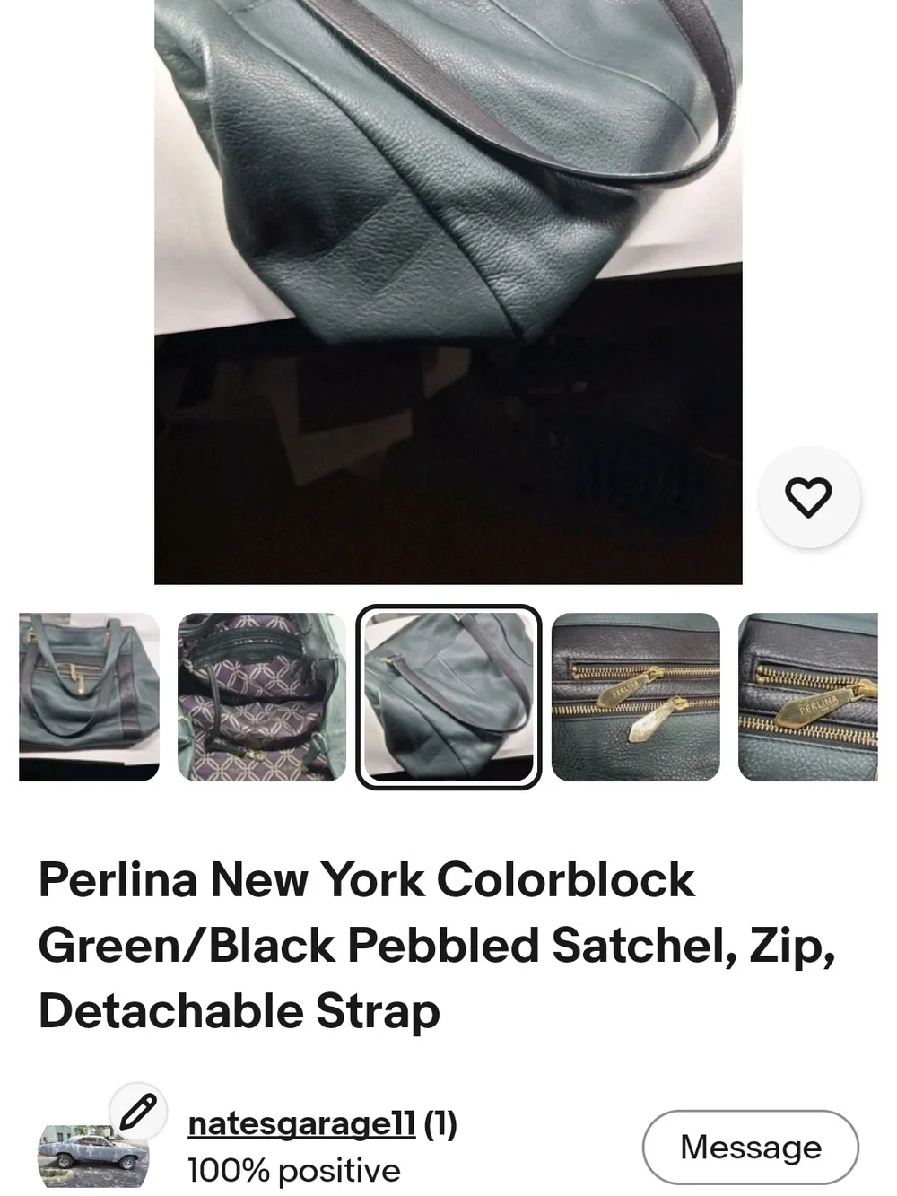 Perlini Italy...Green/Black Pebbled Satchel with Detachable Strap. Leather..